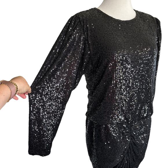 Retrofete Flynn Sequin Ruched Tulle Long Sleeve Key Hole Mini Dress Black Large - Picture 6 of 16